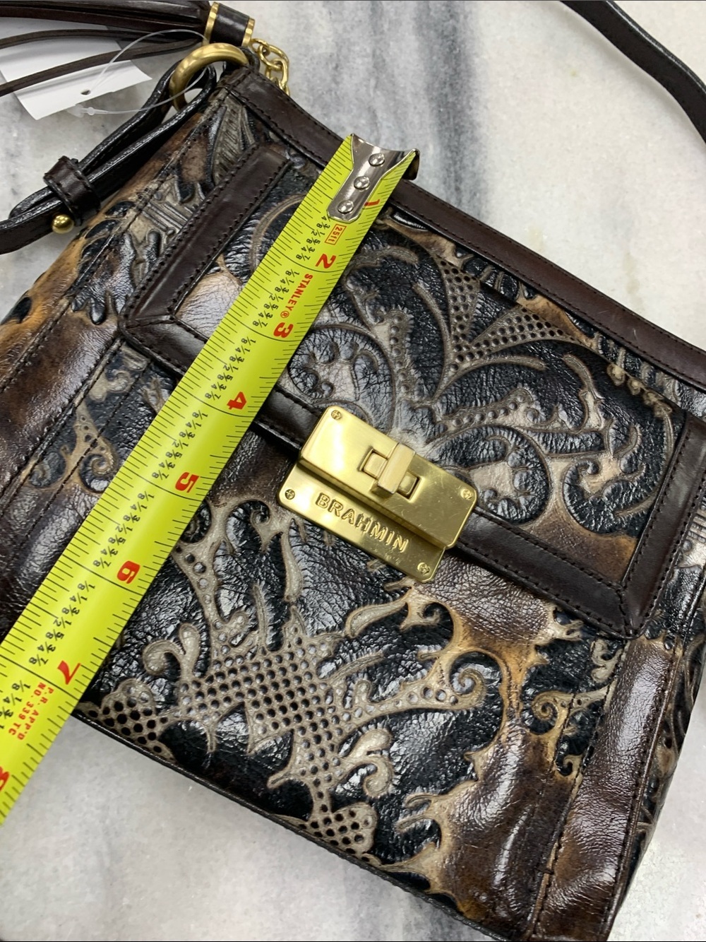 Brahmin Brown and Black Embossed Leather Crossbody with Tassel - Picture 8 of 10